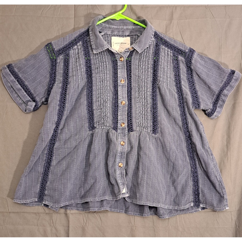 Lucky Brand Embroidered Button Up Shirt Women's Size XS Gray‎